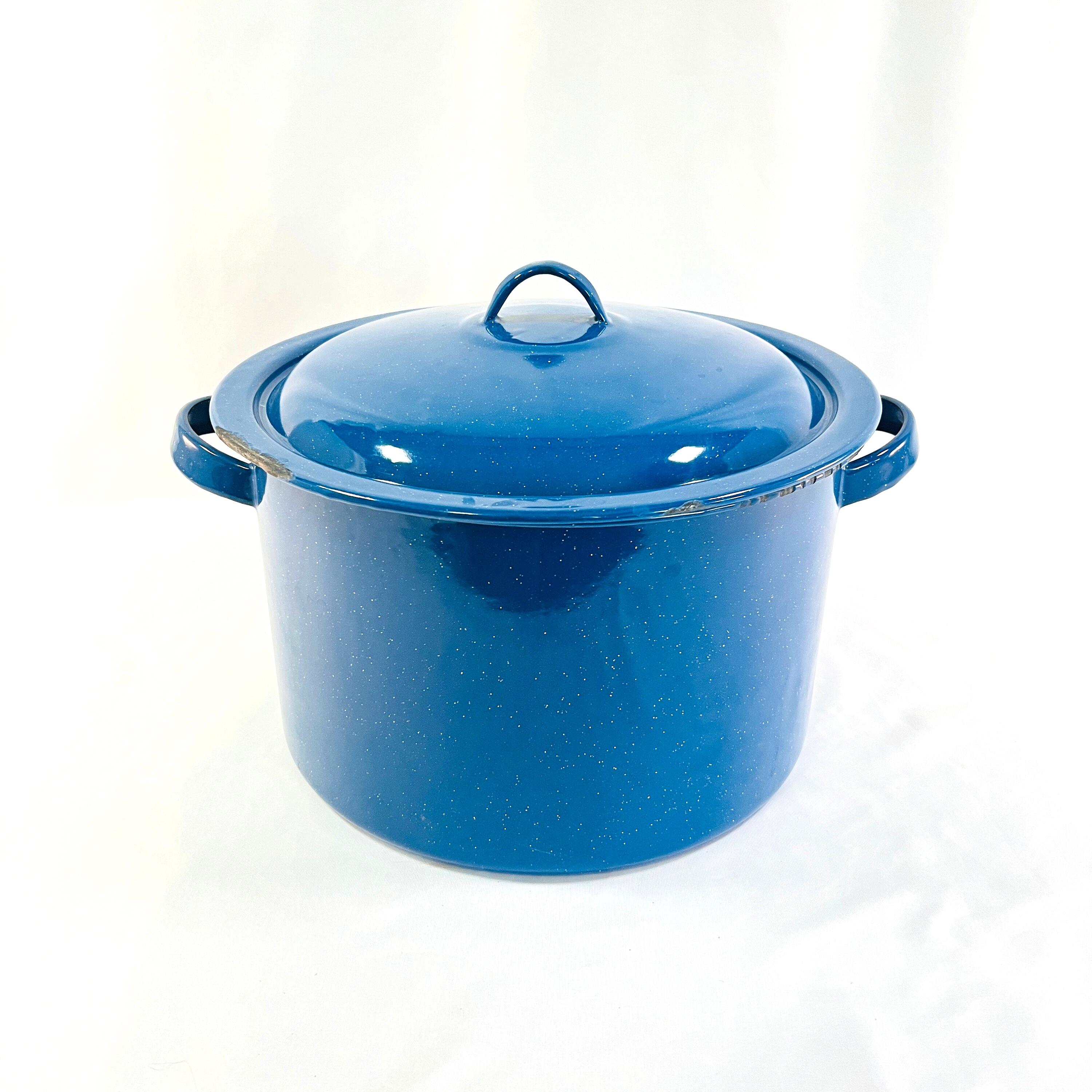 Large Enamelware Blue With White Speckle Pot With Lid, Vintage