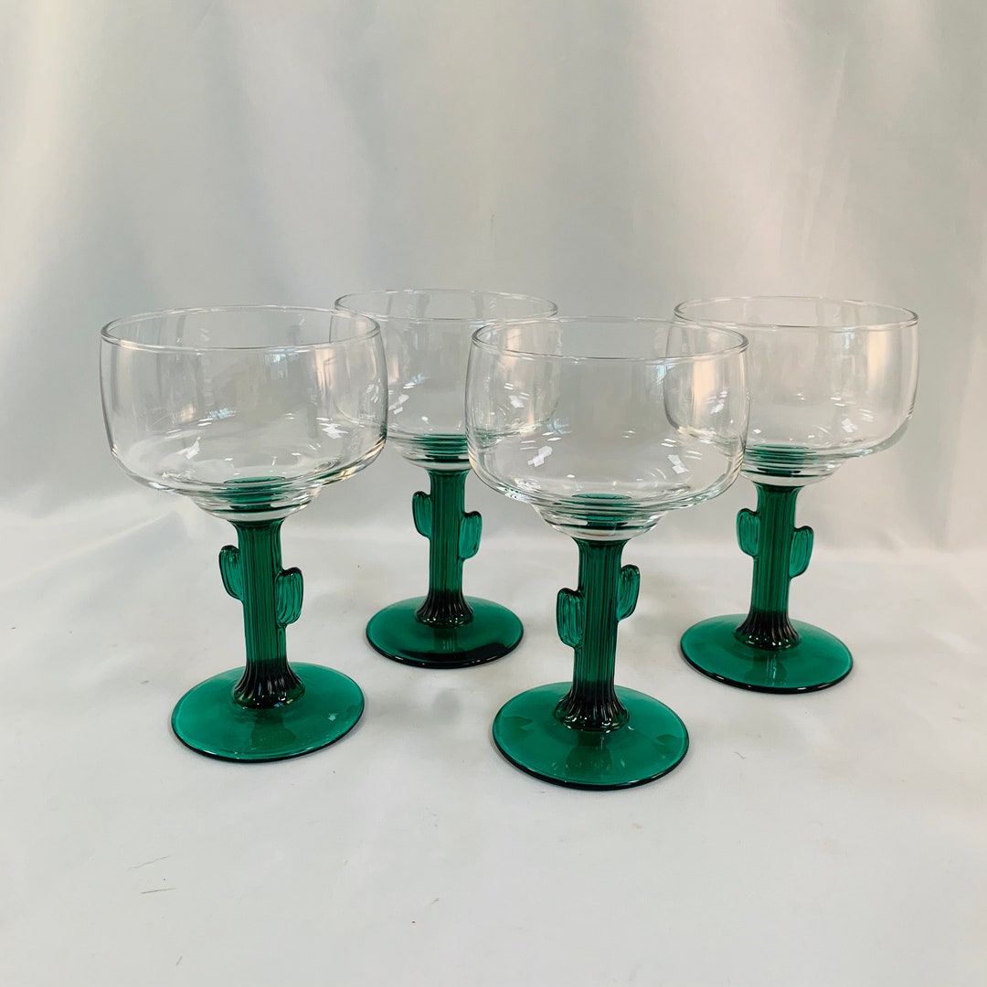 4 Libbey Cactus Green Stem Margarita Glasses, Holds 12 Oz. Unique