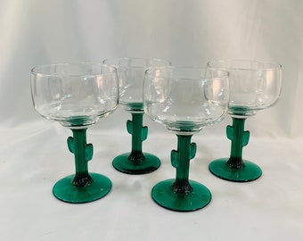 4 Libbey Cactus Green Stem Margarita Glasses, Holds 12 oz. Unique Design Stems with Transparent Green Glass, Clear Glass Top, Festive Set