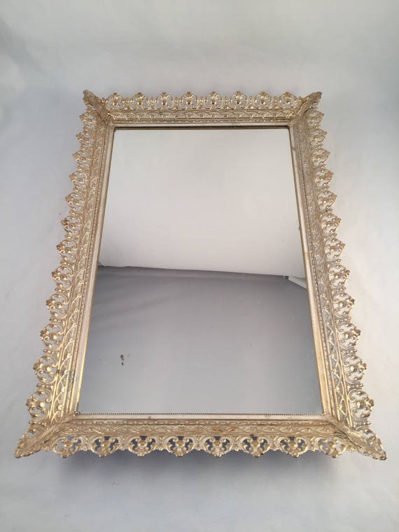 Vintage Large Dresser Top Mirror Tray Or Stand Up Oblong 16 1 2 X 11 Gold Tone With White Antiquing Table