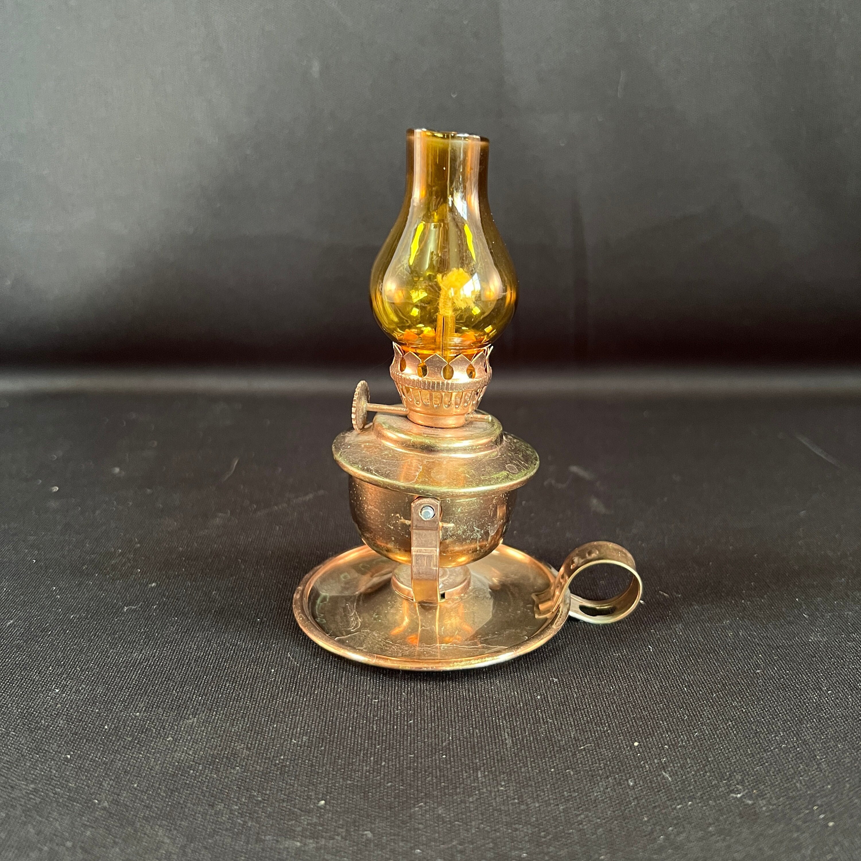 Small Miniature Copper Tone Lamp With Amber Glass, Oil Lamp With Wick,  Unique Glass and Copper Tone Design 