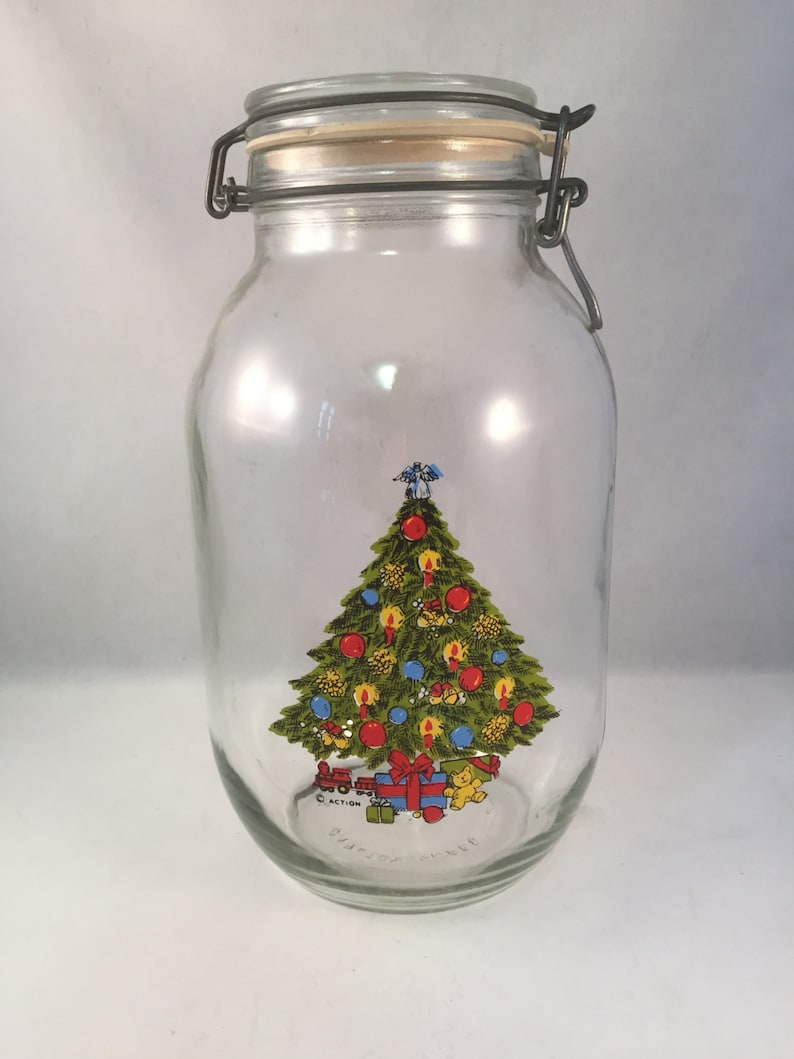 Large Glass Clamp Lid Cookie Jar With Christmas Tree On Front Etsy