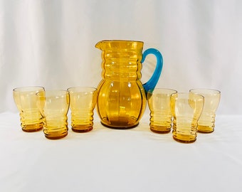 Antique Pitcher and Glasses Set, 7 Pieces Total, Beautiful Amber Gold Pitcher with Turquoise Handle, Ripple Design on Pitcher and Glasses