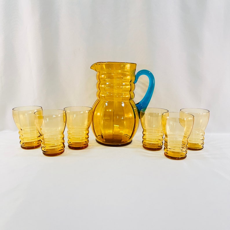 Antique Pitcher and Glasses Set, 7 Pieces Total, Beautiful Amber Gold Pitcher with Turquoise Handle, Ripple Design on Pitcher and Glasses image 1