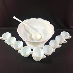 13 Piece Panel Grape Milk Glass Punch Bowl Set, Large Bowl, Pedestal, Ladle and 10 Cups, Great Set Perfect for All Occasions in Original Box