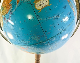 Imperial Globe with Brass and Wood Pedestal Stand, 12 Inch Globe, Nice Condition, a Great Statement Piece.