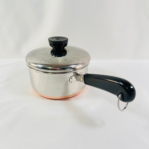 1 Quart-86 Copper Bottoms Revere Ware Saucepan with Lid, Copper Clad Stainless Steel Made in Clinton, Ill USA