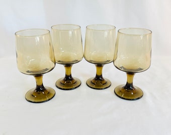 Set of 4 Smoke Brown Libbey Tawny Vintage Stemmed Glasses, Retro Libbey Goblets, 1970's Vintage Glasses, Unique Design Glassware, 10 oz.