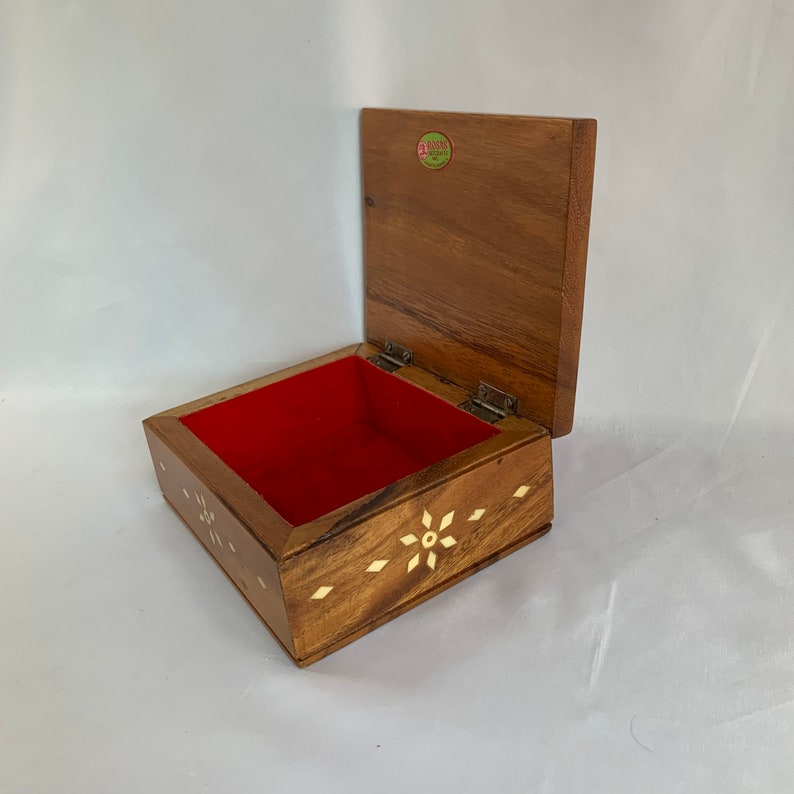Vintage Wood Hinge Box with Mother of Pearl Inlay Design Throughout Manila Red Lined Vintage Box by Rosas Artcrafts Inc Ermita