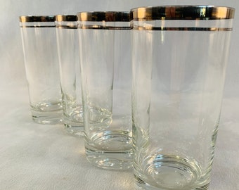 Set of 4 Double Silver Band Rim Glasses, Excellent Condition, Heavy Base, 12 oz Beautiful Silver Rim Tumbler Glasses, Retro Glasses
