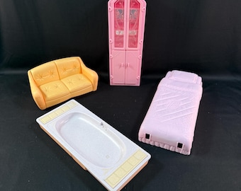 Barbie Furniture 4 Piece Set, Great Condition, Couch, Bed, Armoire, Bathtub/Bed Combo, Mattel Doll Furniture