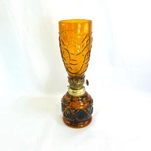 Small Stain Glass with Amber Background Kerosene Lamp, Wick, Twist Knob for Wick Release, Side Table, Mantle, Bookshelf, Great Little Piece