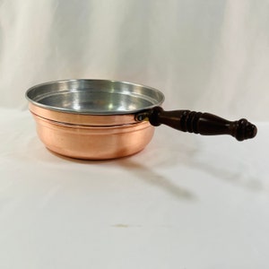 Vintage 3 Piece Copper Frying Pan Double Boiler With Lid Wooden Handle Italy