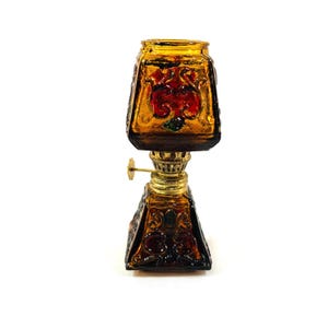 Small Stain Glass Kerosene Lamp with Amber Background, Wick, Twist Knob for Wick Release, Mantle, Bookshelf, Great Little Piece, Collectible