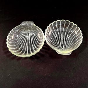 2 Glass Shell Bowls/Dishes, Candy, Soap, Jewelry or Decorative Piece, 7-1/2" X 7" with 3 Round Ball Legs.