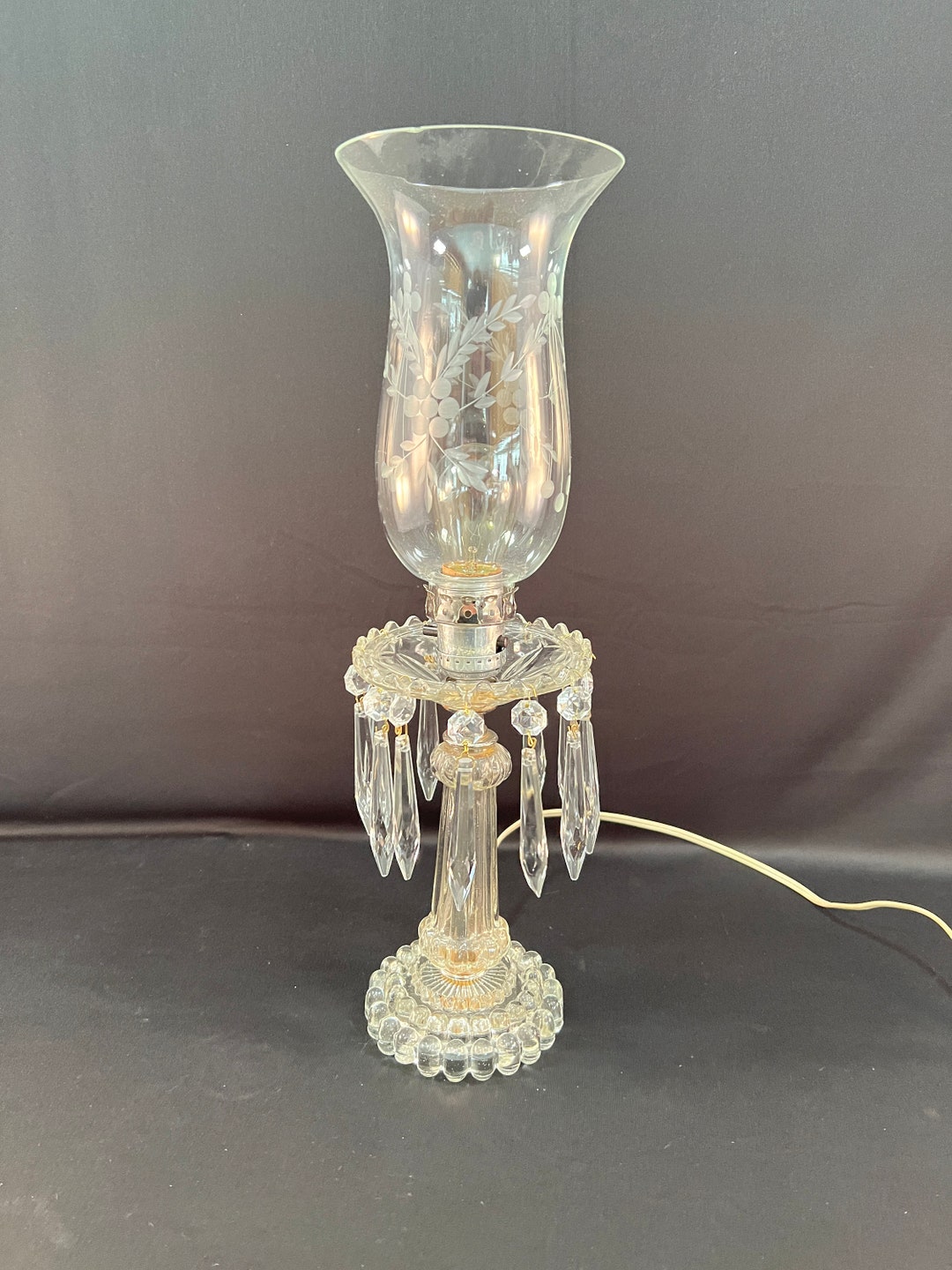 1950's Hanging Crystal Glass Tabletop, Bedside, Desk Lamp, All Glass