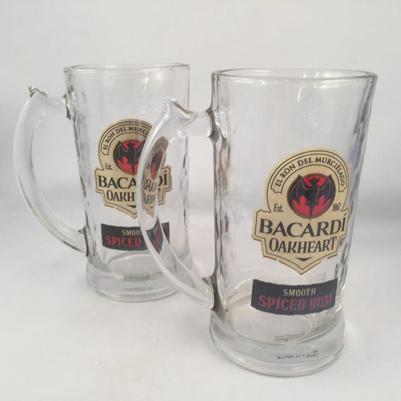 Glass Steins Mugs Set of 4 NEW Oakheart Bacardi Spiced Rum Decal 12 oz 