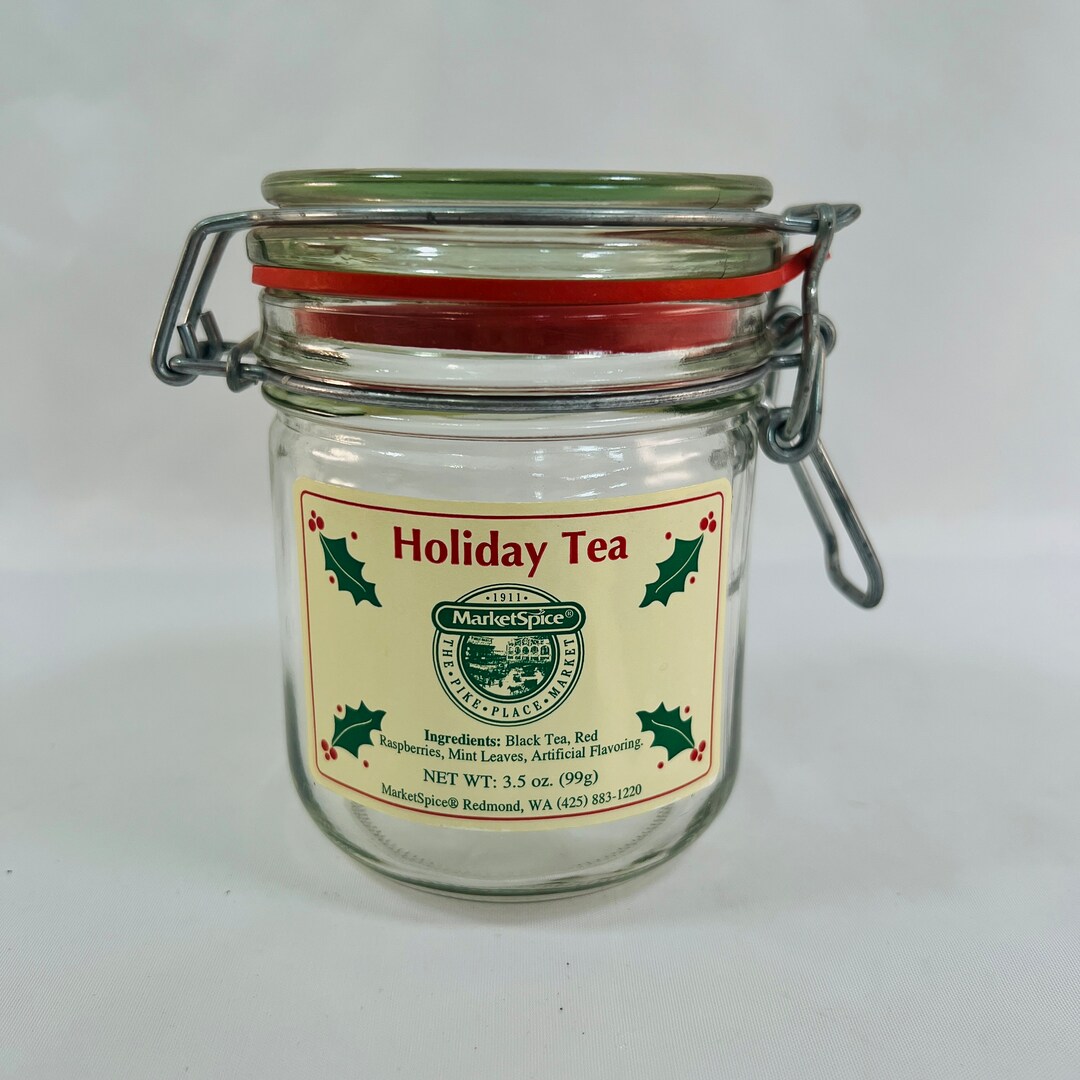 Holiday Tea Clamp Lid Glass Jar, Cute Little Holiday Jar With Label Still in Tact, Rubber