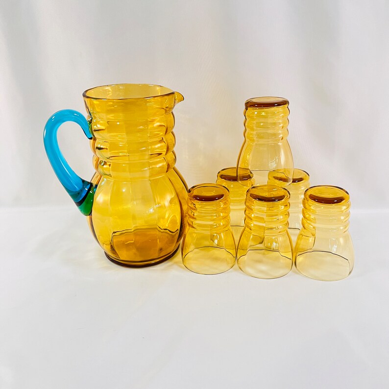Antique Pitcher and Glasses Set, 7 Pieces Total, Beautiful Amber Gold Pitcher with Turquoise Handle, Ripple Design on Pitcher and Glasses image 5