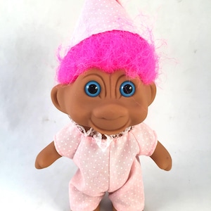Vintage 1991 TNT Party Dress Troll Doll, Pink Hair, Pink Polka Dot Pajamas with Matching Night Cap, Retro Troll Doll, Classic Vintage Troll