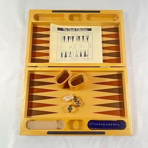 Backgammon Set in Wood Box, All Wood Box with Stone Pieces, Wood Shakers and Clear Dice, Folds for Easy Storage with Magnetic Closure