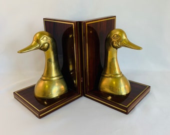 REDUCED - A Set of Brass Duck Bookends Set on Beautiful Wood with Brass Trim, Nice Sturdy Pieces