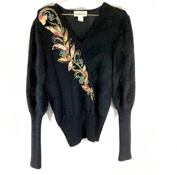 80s VINTAGE Black Angora Floral Gold Sequin Puff S