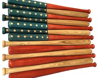 American flag made out of 18 inch baseball bats. Rustic / aged / vintage