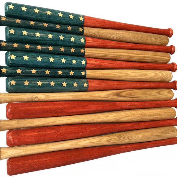 American flag made out of 18 inch baseball bats. Rustic / aged / vintage
