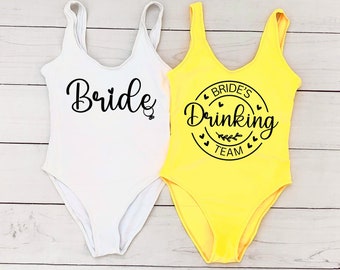 Bachelorette Swimsuit, Bride Swimsuit, One Piece Swimsuit, Bridesmaid Bathing Suit, Bride's Drinking Team Swimwear, Bride Squad Swim,