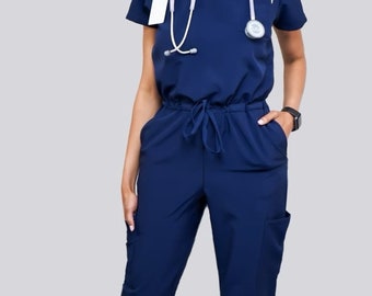 Navy Blue Jumpsuit Scrub: Soft Stretch Fabric, Zipper Crotch