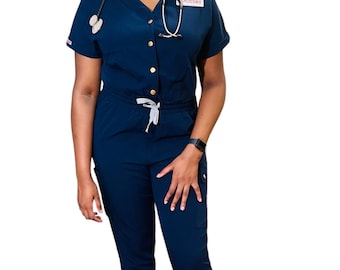 Navy Blue front button jumpsuit scrub