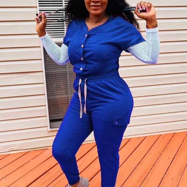 Royal Blue jumpsuit scrub with front button