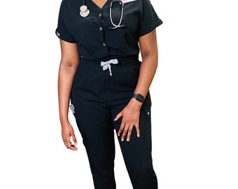 Black jumpsuit scrub with front button and jogger leg