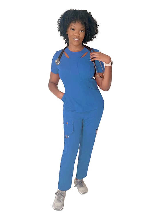 ceil blue scrub dress Uniform Set AKA 'oxygen' Trendy Plus V Neck Lantern Web Collection: Soft Sequins Size:39 do not dry clean