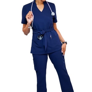 Navy blue mandarin neck scrub suit soft stretch fabric also at www.Jocciniscrubs.com