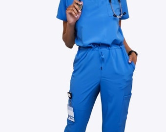 Ceil Blue Scrub Jumpsuit: Soft Stretch Fabric, Zipper Crotch