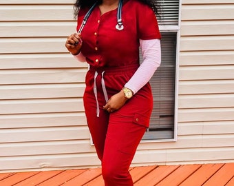 Burgundy front button jumpsuit scrub