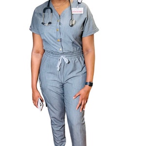 Gray front button jumpsuit scrub