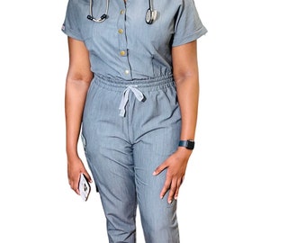 Gray front button jumpsuit scrub