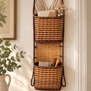 May include: A vertical wall-mounted storage organiser featuring two woven baskets made of dark and light brown reeds. The unit has a tall, arched frame with decorative curved reed accents at the top and a flat woven back panel connecting the two baskets.