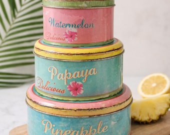 Vintage Tropical Nesting Tins Set of 3 Watermelon Papaya Pineapple Retro Kitchen Storage
