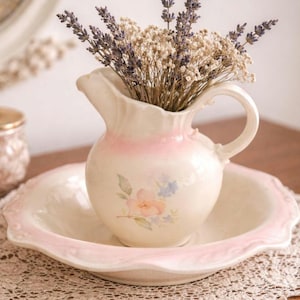 Vintage Floral Pitcher and Bowl Set – Cottagecore Ceramic Vanity Jug Basin