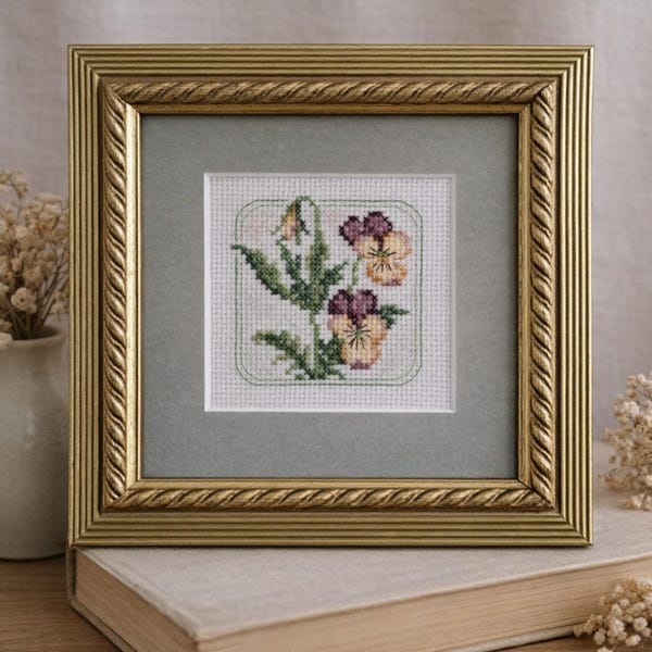 Vintage Pansy Cross Stitch Embroidery, Gilt Wood Frame Cottagecore Wall Art