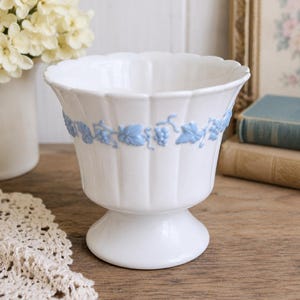 Vintage White Pedestal Vase with Blue Floral Garland Relief | Cottagecore Planter Cachepot