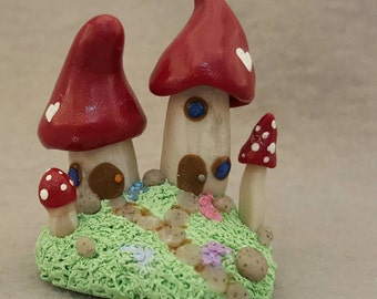 Gnome Home: Loving Neighbors - Miniature Mushroom Figurine - Fantasy Sculpture