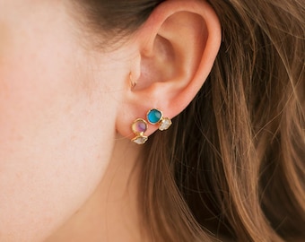 mood earrings, color changing stones, gold plate stud earrings, Herkimer diamond crystal stud, mood stone jewelry, mood stone earrings