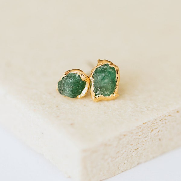 tiny emerald earrings, raw crystal studs, may birthstone jewelry, dainty green earrings, gift for her, spring gemstone jewelry, single stud