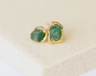 tiny emerald earrings, raw crystal studs, may birthstone jewelry, dainty green earrings, gift for her, spring gemstone jewelry, single stud