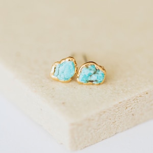 tiny turquoise studs, raw turquoise stone, minimalist jewelry, birthstone earrings, december birthday gift for her, raw crystal earrings